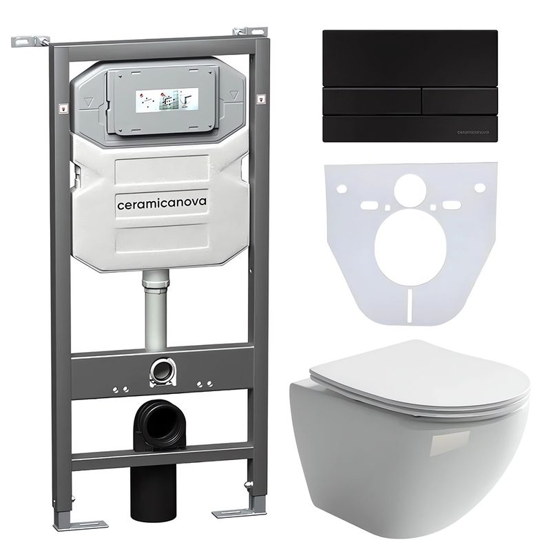 Комплект 4 в 1: Ceramica Nova CN4002_1002B_1000 Унитаз подвесной  Metropol Rimless + Инсталляция Envision + Шумоизоляция + Кнопка смыва Flat (черный мат)