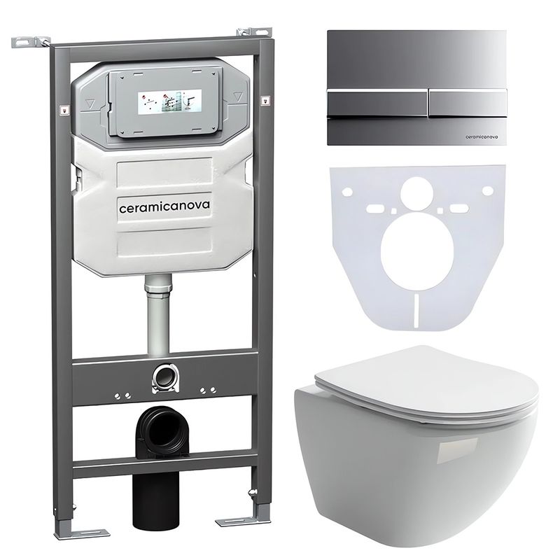 Комплект 4 в 1: Ceramica Nova CN4002_1002M_1000 Унитаз подвесной  Metropol Rimless + Инсталляция Envision + Шумоизоляция + Кнопка смыва Flat (хром мат)