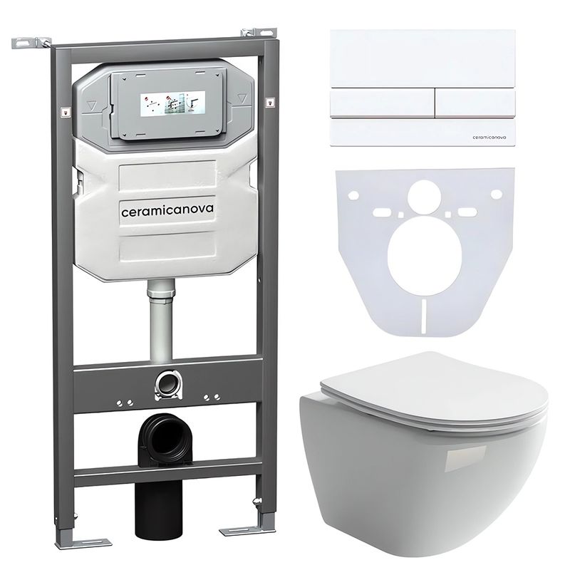 Комплект 4 в 1: Ceramica Nova CN4002_1002W_1000 Унитаз подвесной  Metropol Rimless + Инсталляция Envision + Шумоизоляция + Кнопка смыва Flat (белый)