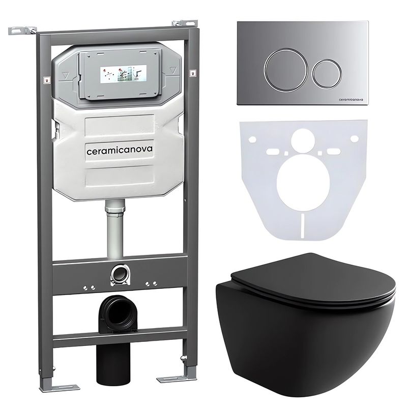 Комплект 4 в 1: Ceramica Nova CN4002MB_1001M_1000 Унитаз подвесной  Metropol Rimless + Инсталляция Envision + Шумоизоляция + Кнопка смыва Round (хром мат)