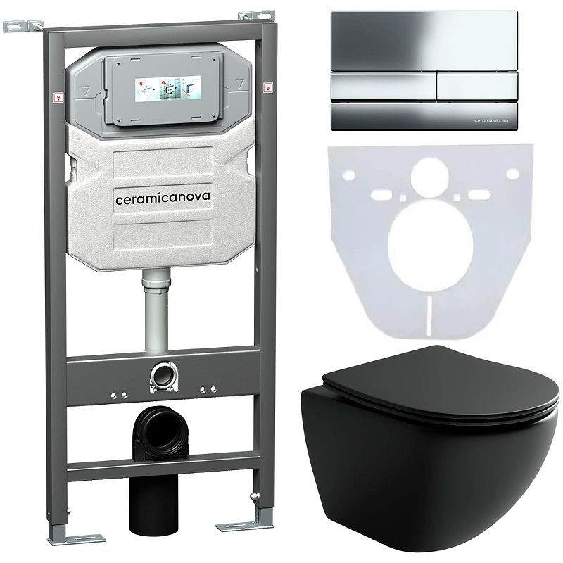 Комплект 4 в 1: Ceramica Nova CN4002MB_1002CH_1000 Унитаз подвесной  Metropol Rimless + Инсталляция Envision + Шумоизоляция + Кнопка смыва Flat (хром)