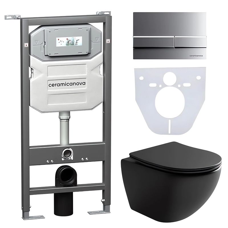 Комплект 4 в 1: Ceramica Nova CN4002MB_1002M_1000 Унитаз подвесной  Metropol Rimless + Инсталляция Envision + Шумоизоляция + Кнопка смыва Flat (хром мат)