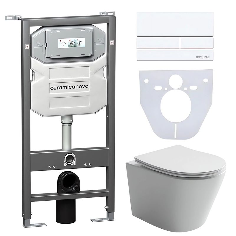 Комплект 4 в 1: Ceramica Nova CN6000_1002W_1000 Подвесной унитаз Balearica Rimless + Шумоизоляция + Инсталляция Envision + Крепления + Кнопка смыва Flat (белый)