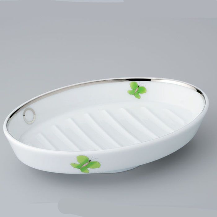Мыльница фарфоровая настольная THG Capucine Vert Decor Platine A7E-A02-4607 (платина, зеленый, белый)