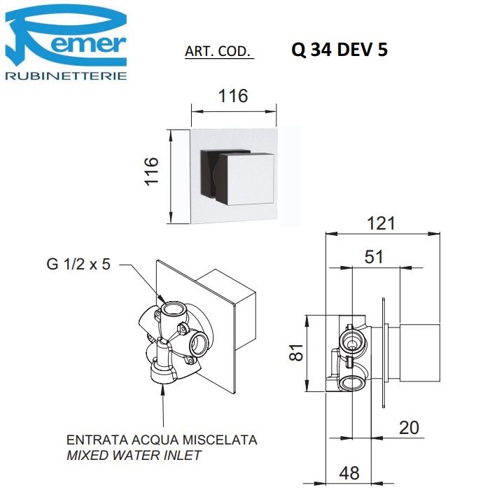 Переключатель для душа на 3 выхода и 5 положений Remer Q34DEV5 (хром)