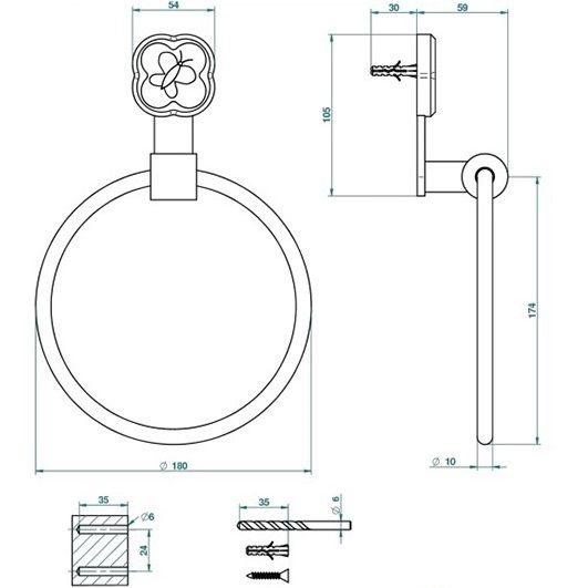 Полотенцедержатель кольцо 18см. THG Capucine Vert Decor Platine A7E-A02-504N (хром, зелёный)