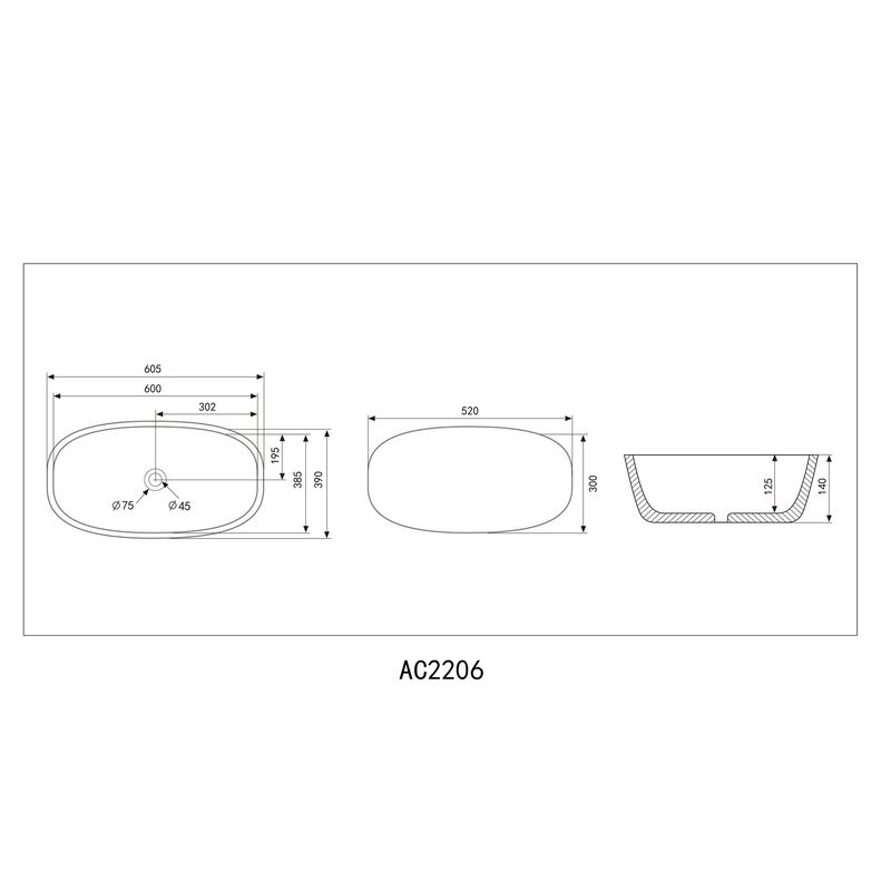 Раковина накладная Abber Rechteck AC2206MB 60,5x39x14 (черный матовый)