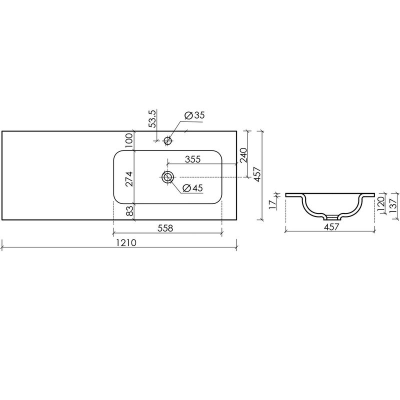 Раковина накладная Ceramica Nova Грация (Grace) CN7021 121x45.7 (белый глянцевый), чаша справа