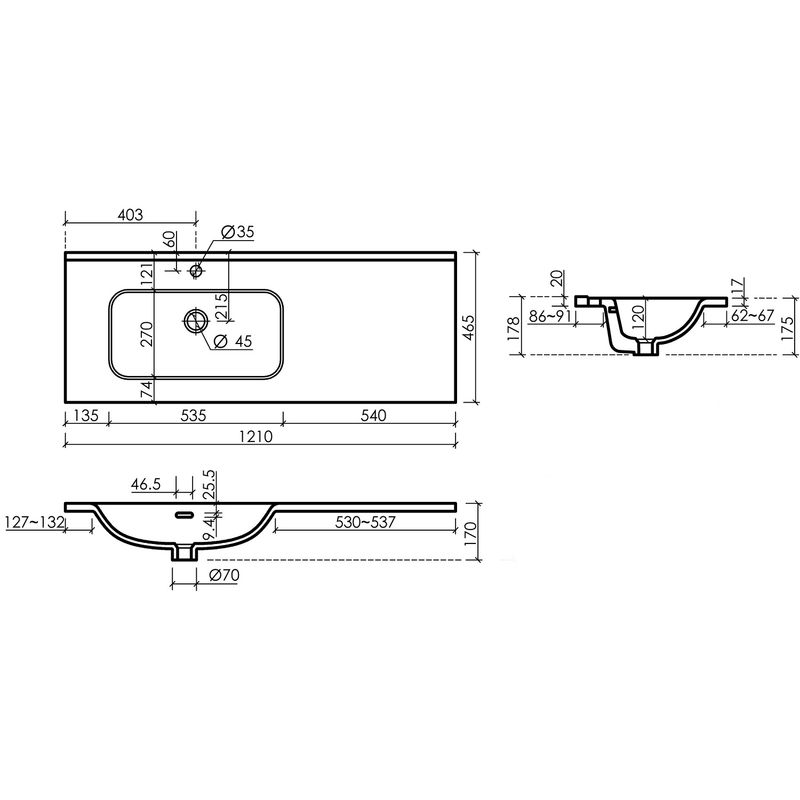 Раковина накладная Ceramicanova Element CN7006L 121x46.5x18 (белый), без донного клапана, левая