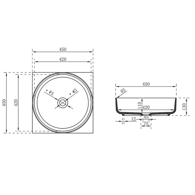 Раковина накладная Vincea Solid surface VBS-6S16MW 45x45x13 (белый матовый)