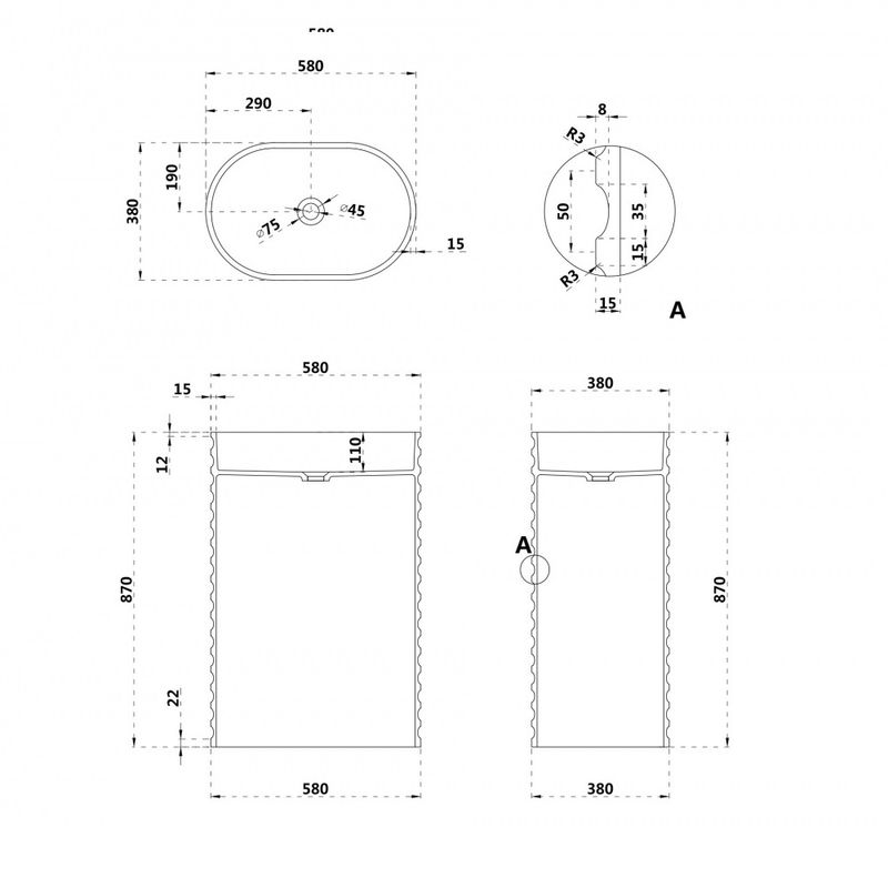 Раковина напольная Abber Stein AS2550 58x38x87 (белый матовый), искусственный камень