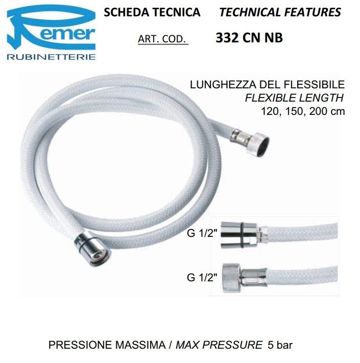 Шланг для душа 150 см. Remer 332CNNB150 (белый)