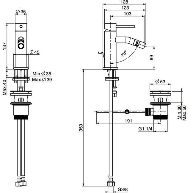 Смеситель для биде Fima Carlo Frattini Spillo Up F3032XSPNS (черный матовый), с донным клапаном