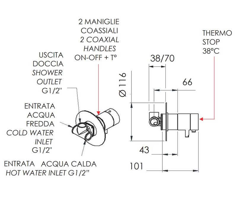 Смеситель для душа Remer Minimal Thermo NT30 (хром), 1 поток, с термостатом, скрытая часть в комплекте