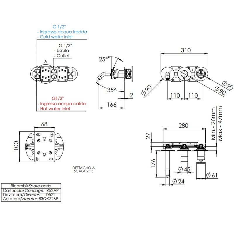 Смеситель для ванны скрытого монтажа Remer Chrono CH54D2PBO (белый матовый), с изливом