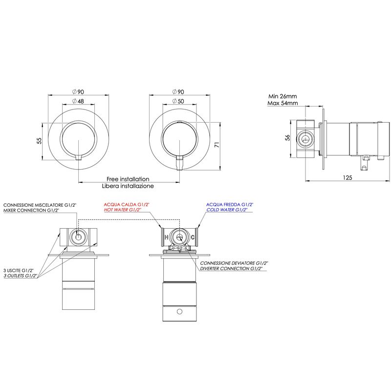 Смеситель для душа скрытого монтажа Remer X Style XT96D3RP (медь брашированная), с термостатом