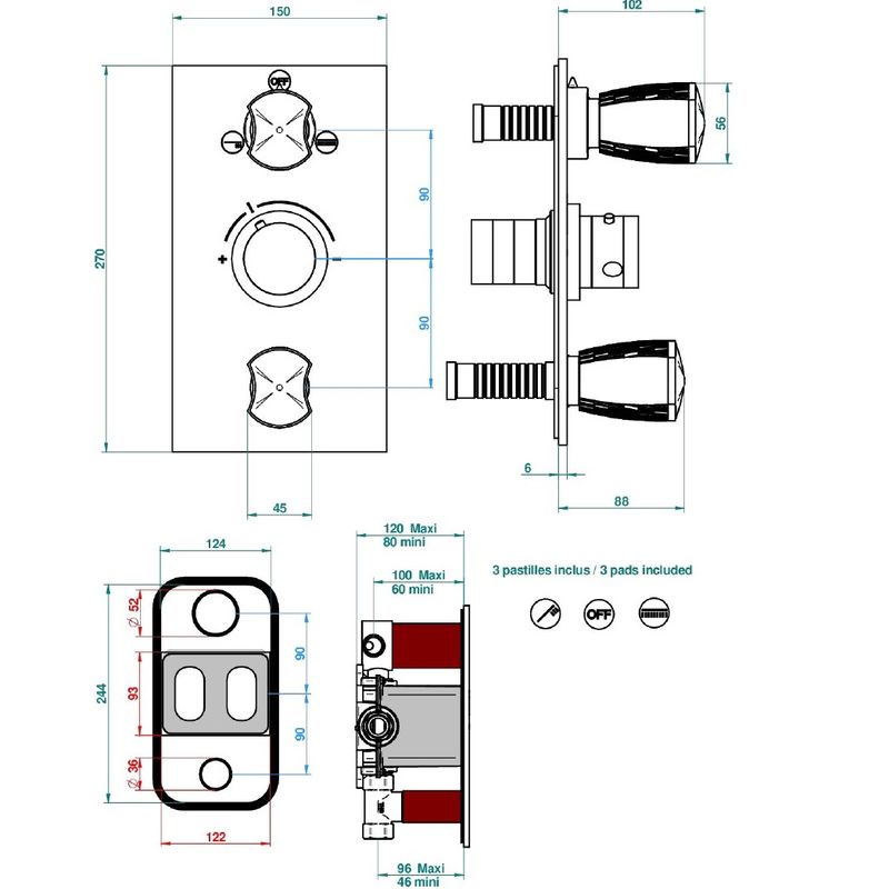 Смеситель для душа скрытого монтажа THG Infini white porcelain with platinum U2E-A02-5540BE (хром, белый, платина), с термостатом, на 3 источника