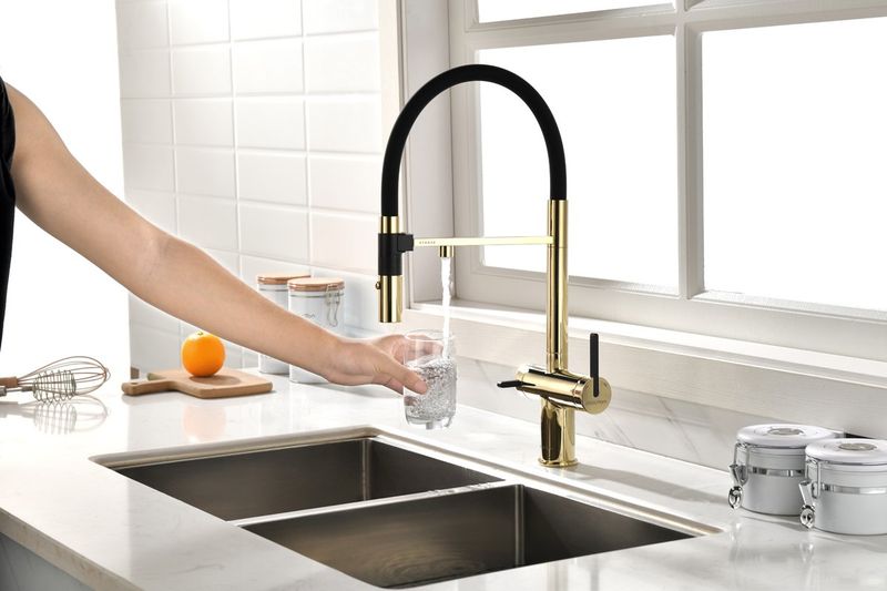 Смеситель для кухни Paulmark Gravity Gr213188-G (золото), с краном для питьевой воды