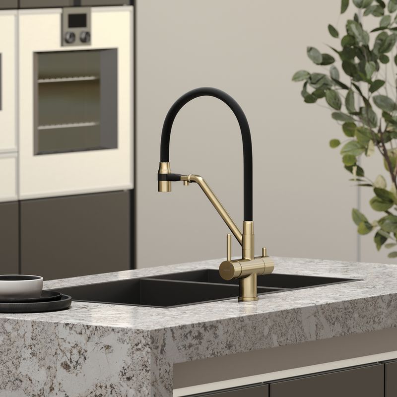 Смеситель для кухни Sancos Дора (Dora) SC4003BG (брашированное золото), с гибким изливом, с подключением к фильтру