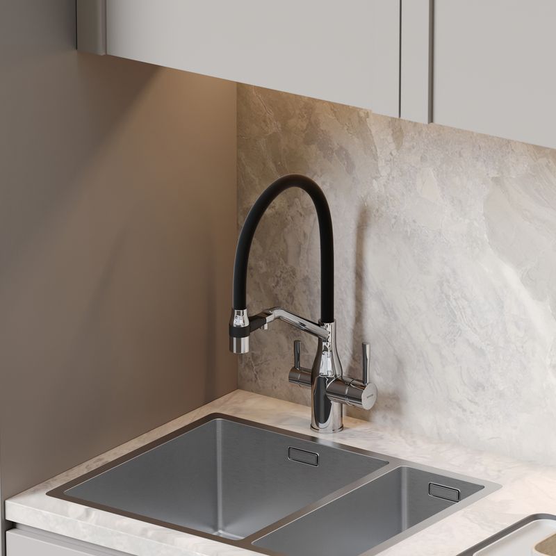 Смеситель для кухни Sancos Орта (Orta) SC4008CH (хром/черный), с гибким изливом, с подключением к фильтру