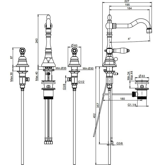 Смеситель для раковины Fima Carlo Frattini Herend F5401CNOR (золотой, черные ручки), с донным клапаном