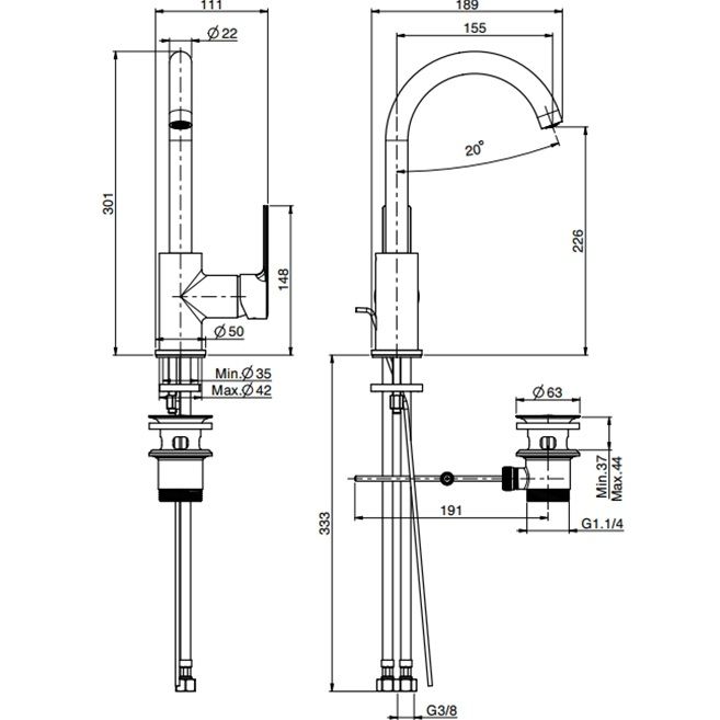 Смеситель для раковины Fima Carlo Frattini Mast F3151NS.1 (черный матовый), с донным клапаном