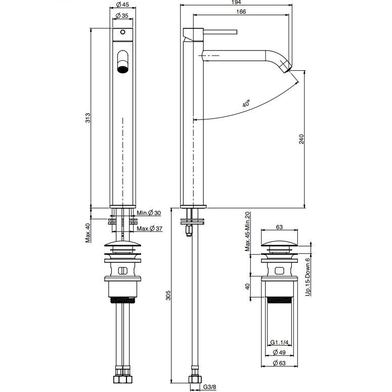 Смеситель для раковины Fima Carlo Frattini Spillo Steel F3071/HINOX (нержавеющая сталь), с донным клапаном