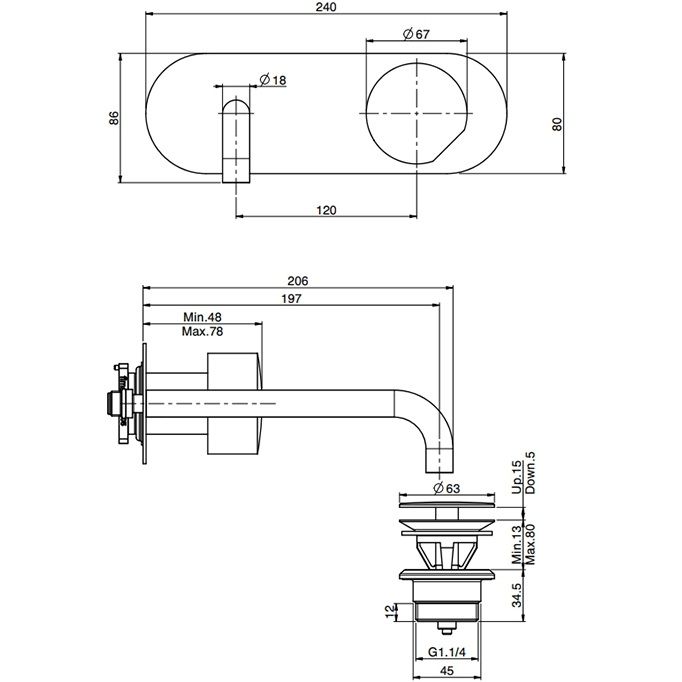 Смеситель для раковины скрытого монтажа F3171WLX5NS (черный матовый), с донным клапаном