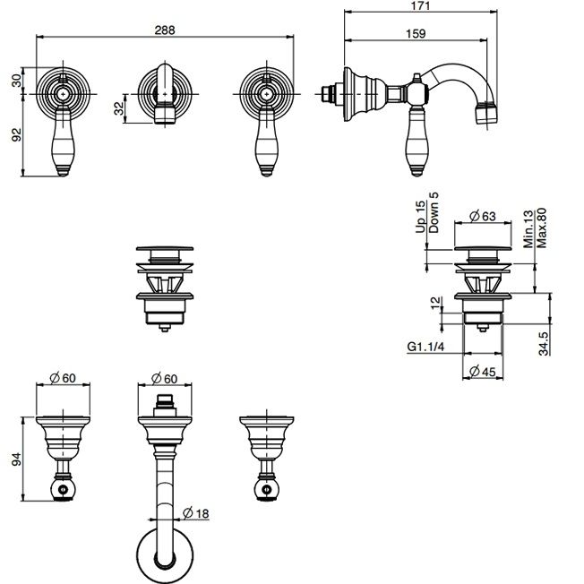 Смеситель для раковины скрытого монтажа Fima Carlo Frattini Herend F5401/5CNOR (золотой, черные ручки)