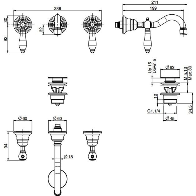 Смеситель для раковины скрытого монтажа Fima Carlo Frattini Herend F5401L/5CNOR (золотой, черные ручки)
