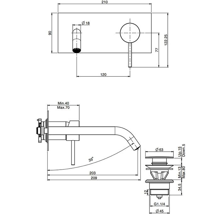 Смеситель для раковины скрытого монтажа излив 20см Fima Carlo Frattini Spillo Up F3051WLX5NS (черный матовый), с донным клапаном