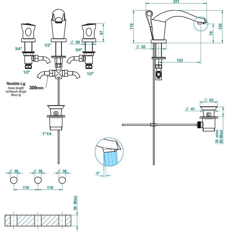Смеситель для раковины THG Bagatelle metal U3E-A02-151 (хром, черный), с донным клапаном