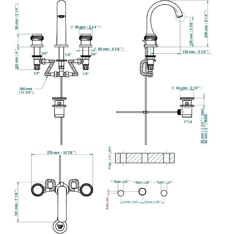 Смеситель для раковины THG Diplomate Roped Rings U4C-G02-151 (хром, золотой), с донным клапаном