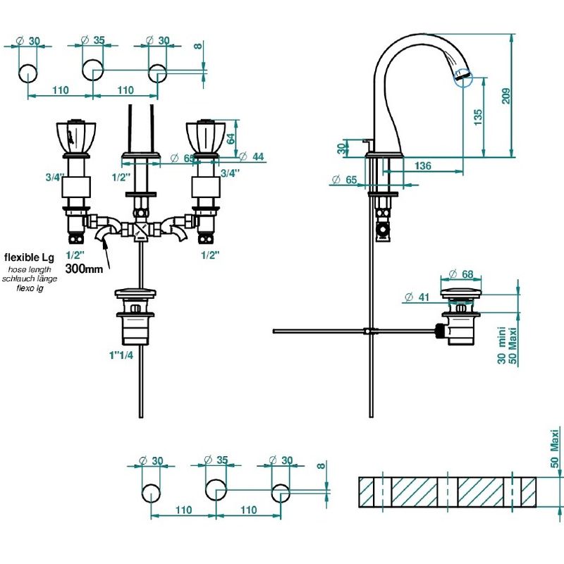 Смеситель для раковины THG Petale de cristal bleu U6B-F01-151 (золотой, синий хрусталь), с донным клапаном