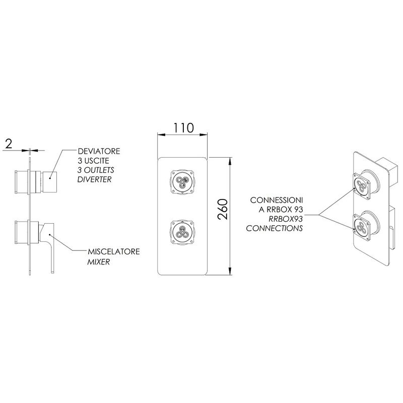 Смеситель для ванны и душа Remer Absolute Brushed Black Chrome AU93KBCFP (хром черный брашированный), 3 потока, скрытая часть приобретается отдельно