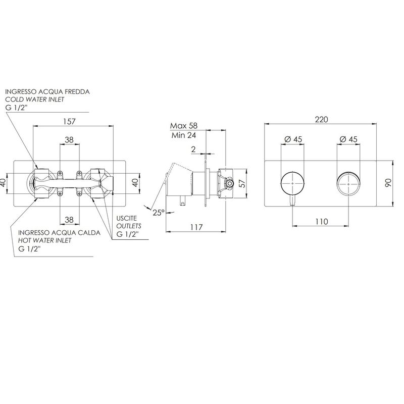 Смеситель для ванны и душа Remer Dot DT93ZBG (золото брашированное), 3 потока, скрытая часть в комплекте