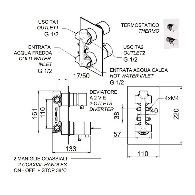 Смеситель для ванны и душа Remer Minimal Thermo NT92Q (хром), 2 потока, скрытая часть в комплекте, с термостатом