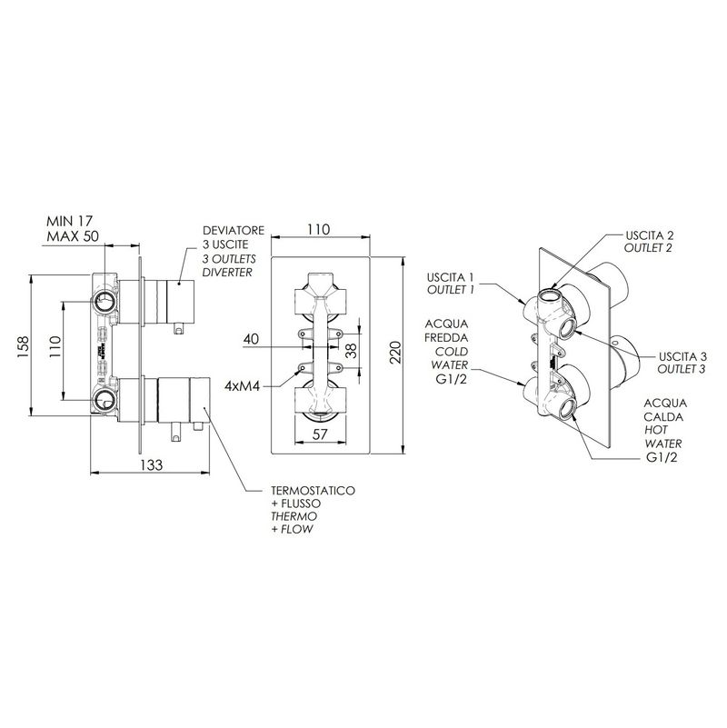 Смеситель для ванны и душа Remer Minimal Thermo NT93Q (хром), 3 потока, скрытая часть в комплекте, с термостатом