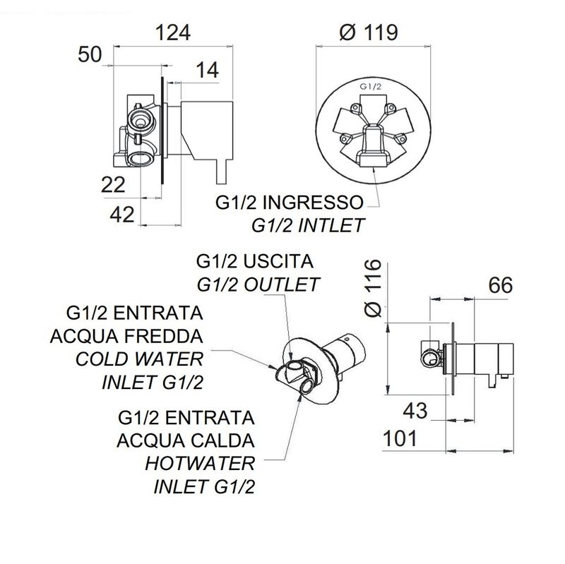 Смеситель для ванны и душа Remer Minimal Thermo NT94C (хром), 4 потока, скрытая часть в комплекте, с термостатом