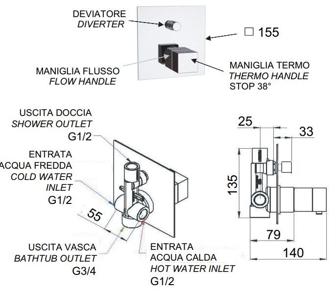 Смеситель для ванны и душа Remer Qubika Thermo QT09 (хром)