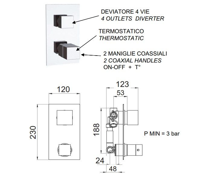 Смеситель для ванны и душа Remer Qubika Thermo QT94 (хром)