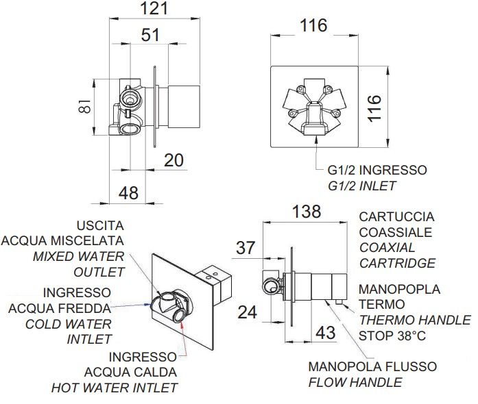 Смеситель для ванны и душа Remer Qubika Thermo QT95C (хром)