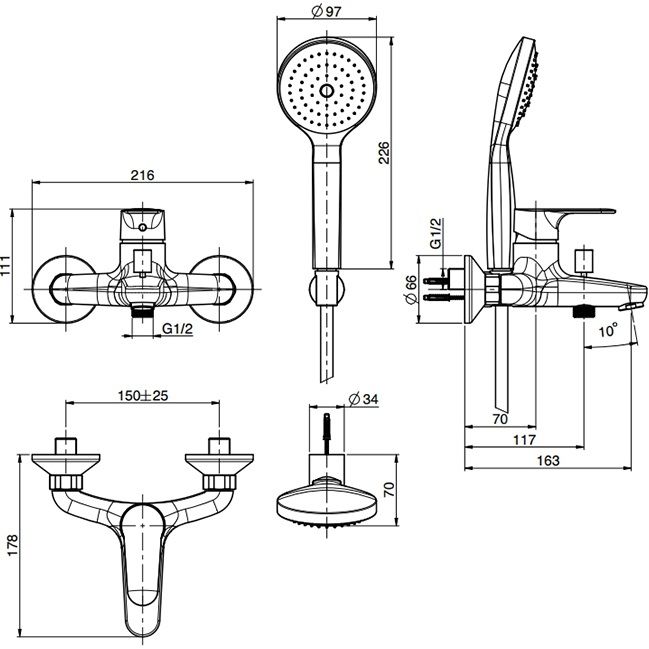 Смеситель для ванны настенный Fima Carlo Frattini Serie F3834NS (черный матовый), с изливом