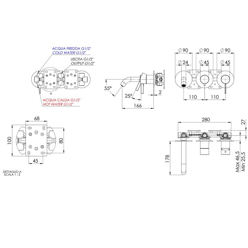 Смеситель для ванны скрытого монтажа Remer Metrica MC54D2PXV (сталь), с изливом