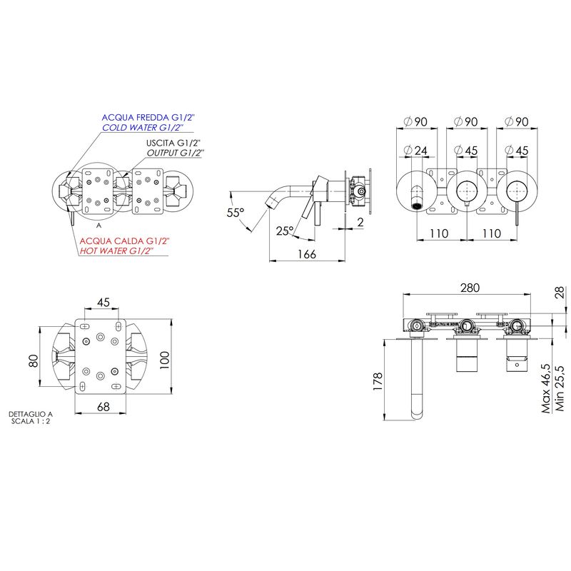 Смеситель для ванны скрытого монтажа Remer Metrica MC54D3PCFP (черный брашированный хром), с изливом