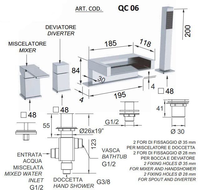 Смеситель для ванны Remer Qubika Cascata QC06 (хром)