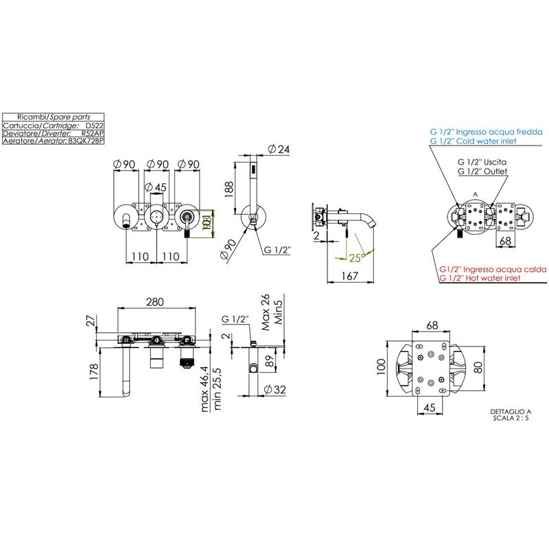 Смеситель для ванны скрытого монтажа Remer Atelier AL53D2PDO (золотой)