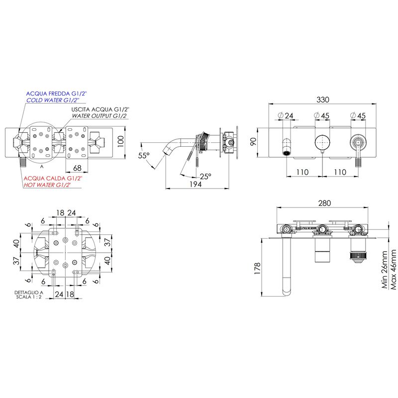 Смеситель для ванны скрытого монтажа Remer Atelier AL54D2XV (сталь), с изливом