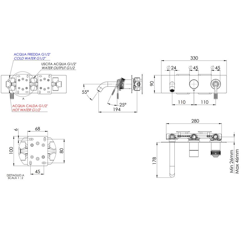 Смеситель для ванны скрытого монтажа Remer Atelier AL54D3DO (золотой), с изливом
