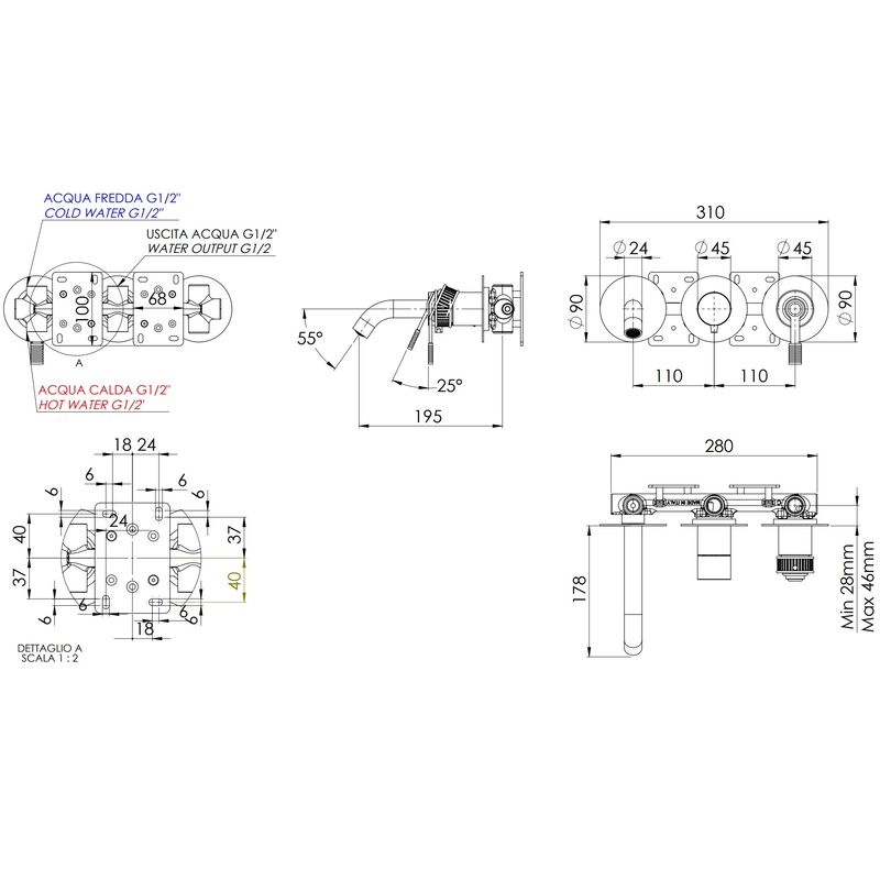 Смеситель для ванны скрытого монтажа Remer Atelier AL54D3PXV (сталь), с изливом